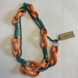 Stephan & Co. Teal Fine Chain & Peach Acrylic Link Chunky Statement Necklace NWT